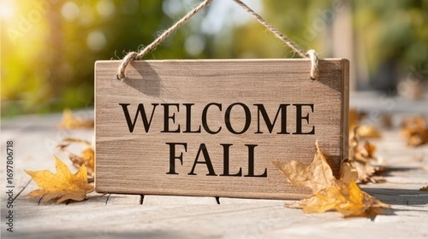 Fototapeta A rustic wooden sign with "WELCOME FALL" in black letters, surrounded by vibrant autumn leaves on a wooden surface, bathed in warm sunlight.