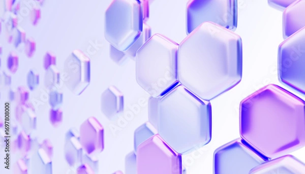Fototapeta Abstract hexagon pattern perspective. Render 3d background with glass holographic honeycomb design. Futuristic digital technology bg with random hexagonal shapes, purple blue gradient. 3D illustration
