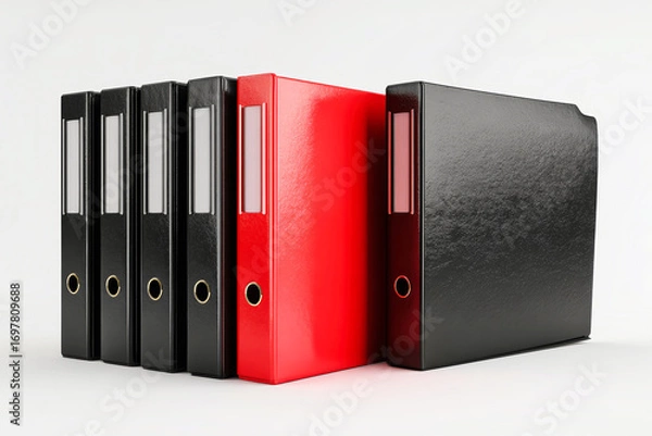 Fototapeta Sophisticated arrangement of office folders featuring a distinctive red folder among black ones on a white background