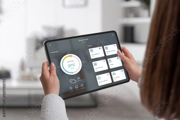 Fototapeta Modern smart home control displayed on tablet screen with connected devices