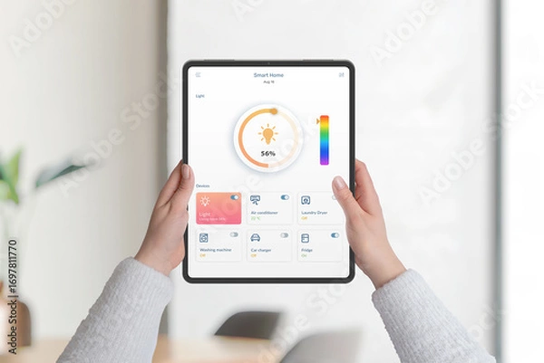 Fototapeta User adjusting light intensity through smart home tablet application