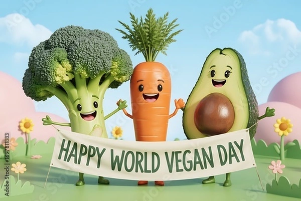 Fototapeta Joyful broccoli, carrot, and avocado characters celebrate World Vegan Day with a banner, promoting healthy plant-based eating