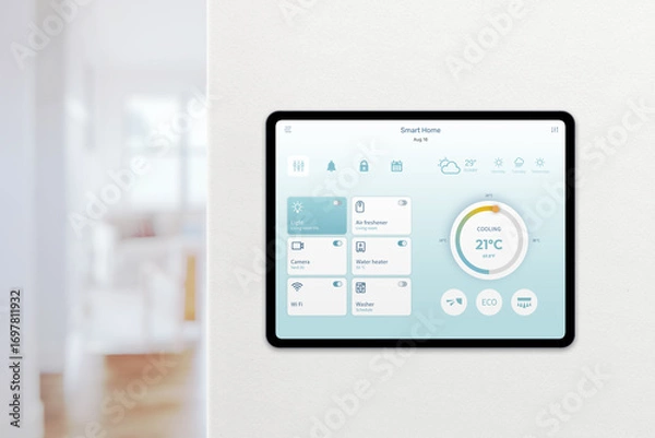 Fototapeta Smart home app interface on tablet displaying cooling and devices