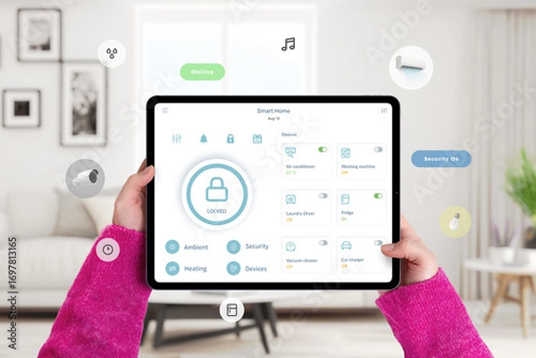 Fototapeta Person holding tablet with smart home security lock application