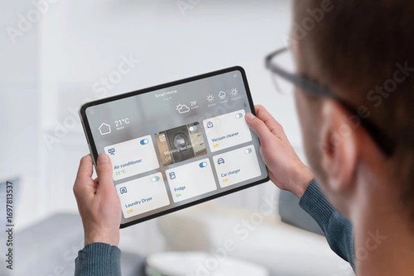 Fototapeta Person holding tablet with smart home security lock application