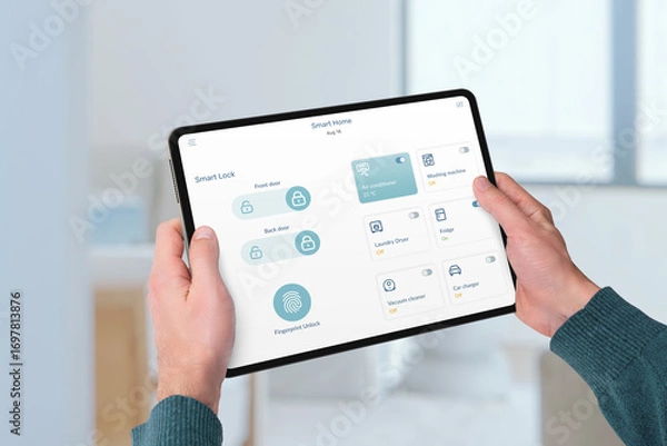 Fototapeta Smart home lock management screen displayed on tablet