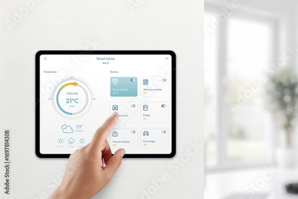 Fototapeta Hand controlling smart home devices on digital tablet interface
