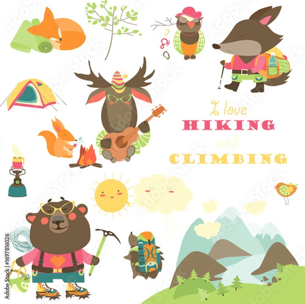 Fototapeta Cartoon characters and mountaineering elements. Vector collection