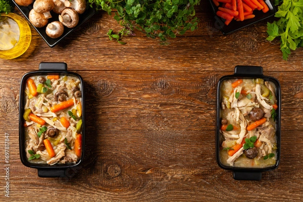 Fototapeta Chicken casserole. Served in black pots.
