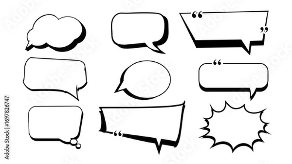Obraz Black Comic Speech Bubble and Explosion Vector Set – Silhouettes and Starburst Shapes for Pop Art, Graphic Design, and Digital Illustration