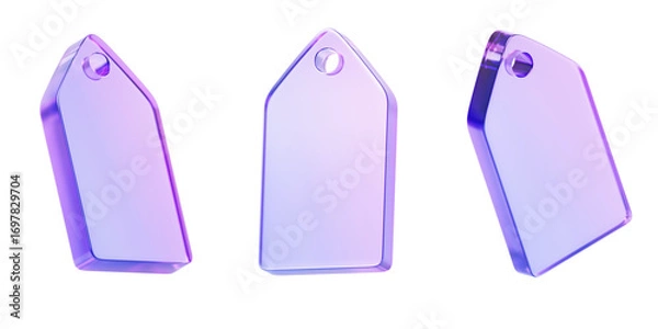 Fototapeta 3d holographic glass morphism gift tag in different angles. Purple transparent rectangle shape with hole render ui icon set. Empty price label mockup for shop merchandise, web design