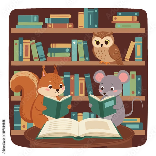 Fototapeta Adorable vector illustration shows a squirrel, owl, and mouse peacefully reading books on shelves in a cozy library corner, with a vibrant open book in the foreground.