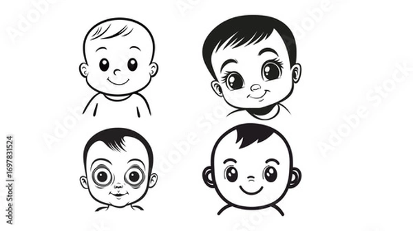 Fototapeta Vector illustration of a set of funny cartoon children faces with cute expressions, playful and cheerful characters