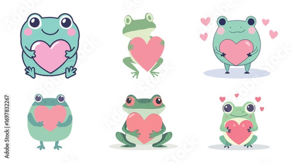 Fototapeta Vector illustration of a set of funny cartoon frogs with hearts