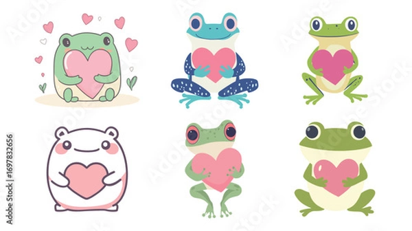 Fototapeta Vector illustration of a set of funny cartoon frogs with hearts