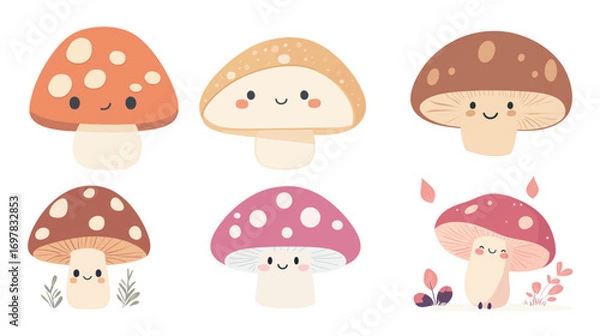 Fototapeta Vector illustration of a set of funny cartoon mushrooms