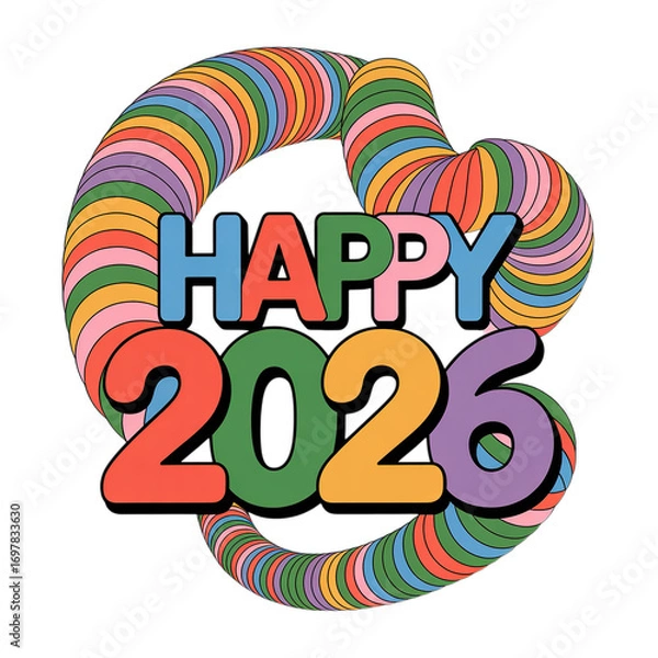 Fototapeta Groovy Happy 2026 New Year greeting with vibrant retro design and optimistic message for future events