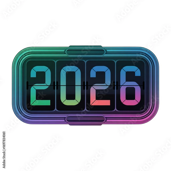 Fototapeta Retro flip clock displaying 2026 with vibrant gradient colors, a modern vintage time aesthetic