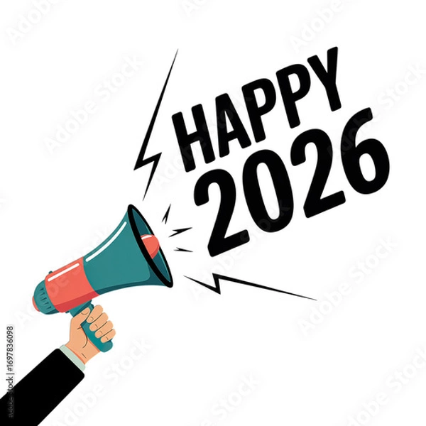 Fototapeta Exciting announcement celebrating happy 2026 new year with a bullhorn in hand