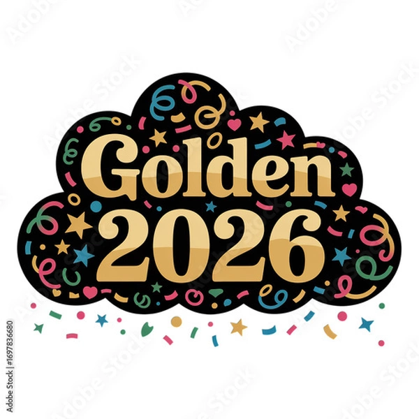 Fototapeta Celebrate golden 2026 with colorful confetti and stars, create excitement for new year celebration