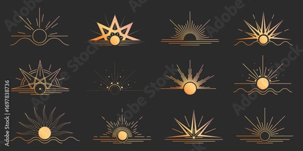 Obraz Boho sun gold sunrise collection with geometric rays and horizon lines for mystical branding. Celestial emblems with gradient golden tones and decorative starbursts for wellness or spiritual designs.