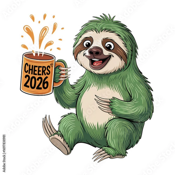 Fototapeta Celebrate 2026 with this cute sloth and a cup of cheerfulness, a fun and joyous vibe