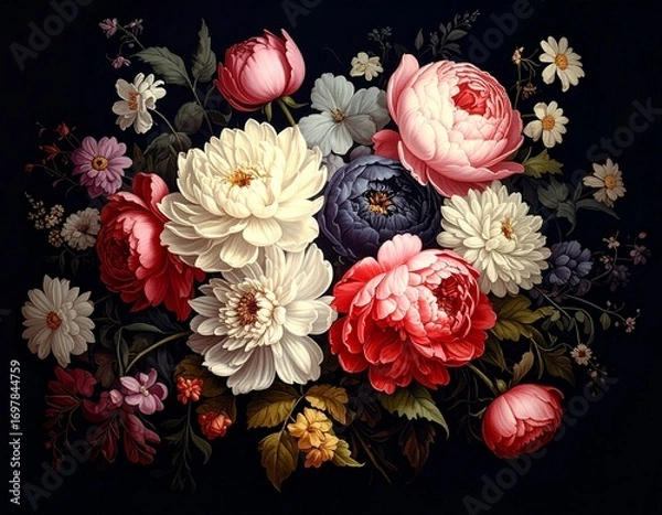 Fototapeta Beautiful bouquet of different flowers on black background.