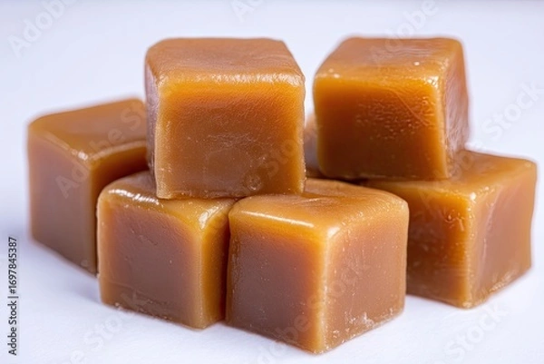 Fototapeta Stack of caramel candies, light brown, square shapes, close-up