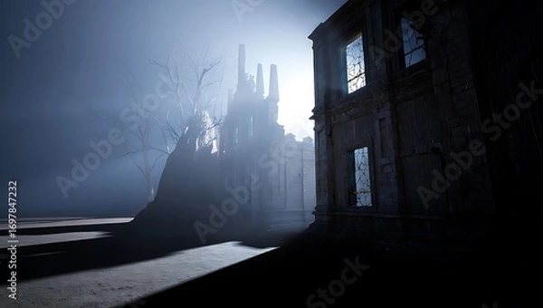 Fototapeta Mysterious silhouetted figures emerge from foggy building interior with dramatic light