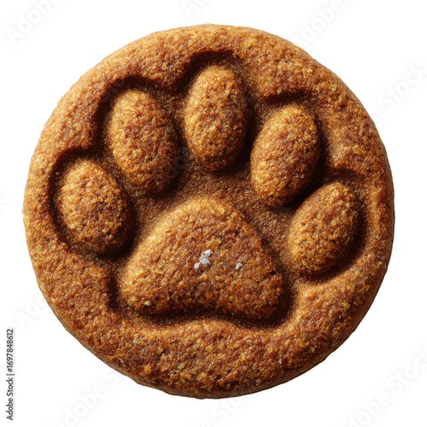 Fototapeta A round dog treat imprinted with a paw print, showcasing its texture and shape.