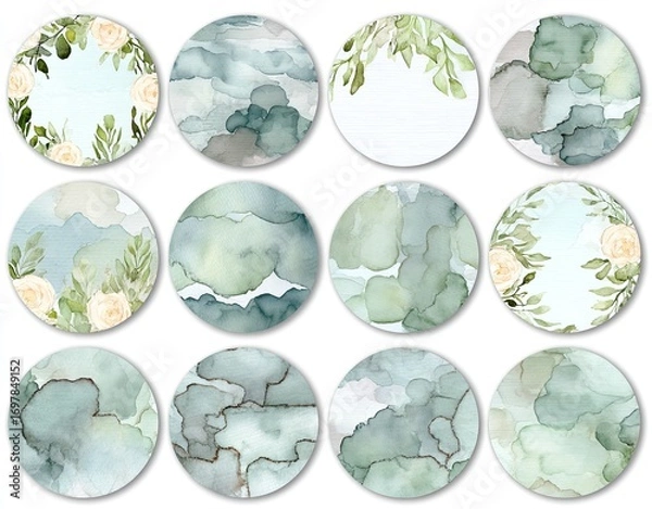 Obraz Set of twelve round, watercolor-style designs in muted greens and light blues.  Floral and leaf elements decorate some