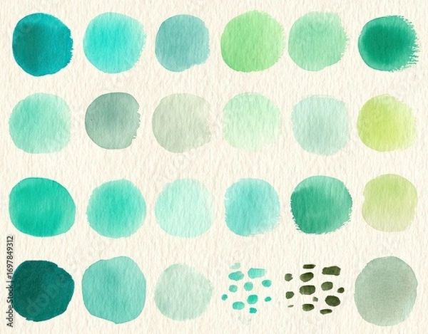 Obraz Watercolor circle swatches in a teal and green spectrum on beige background