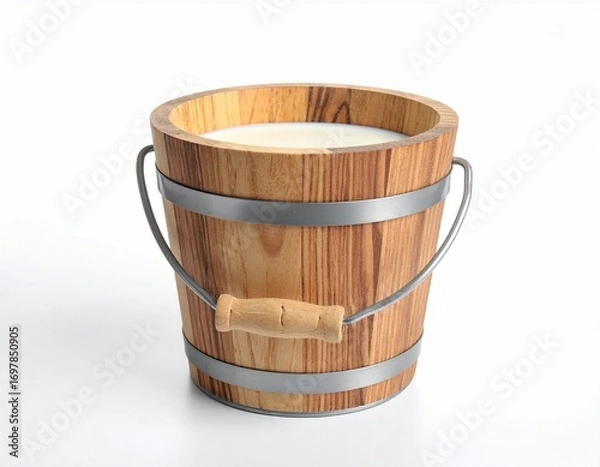 Fototapeta wooden bucket with milk on white background 