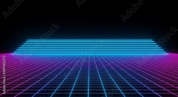 Fototapeta Retro Synthwave Neon Grid Background with Glowing Blue Steps and Cyberpunk Gradient
