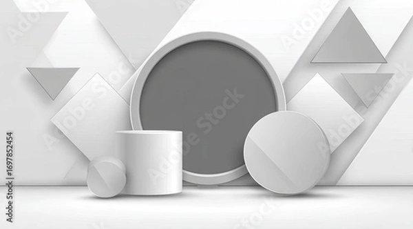 Obraz Abstract geometric shapes in white and gray, featuring a blank circular frame