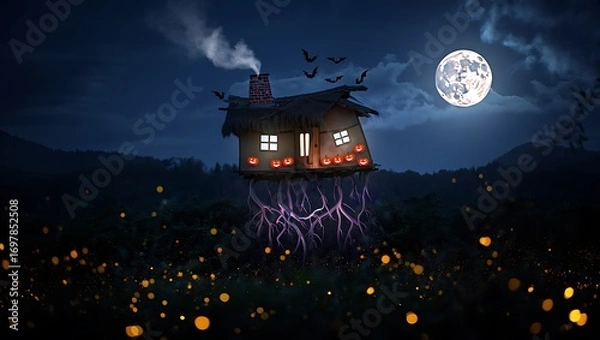 Fototapeta Magical train journey under a full moon with lights reflected in water
