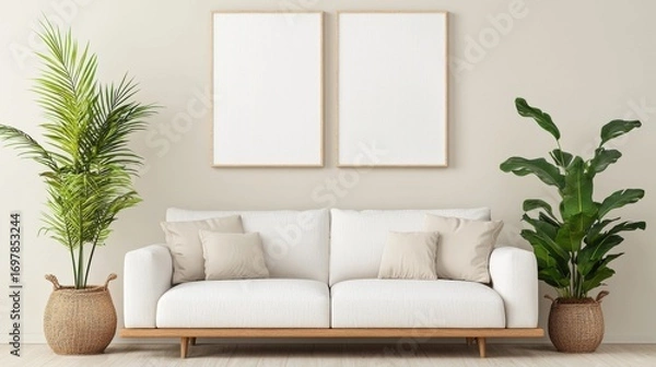 Fototapeta White couch with pillows and plant in a cozy room featuring a triptych canvas mockup above the sofa