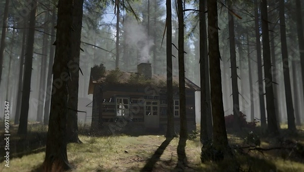 Fototapeta Mysterious cabin obscured by trees and curtains offering a glimpse into a shadowy interior scene