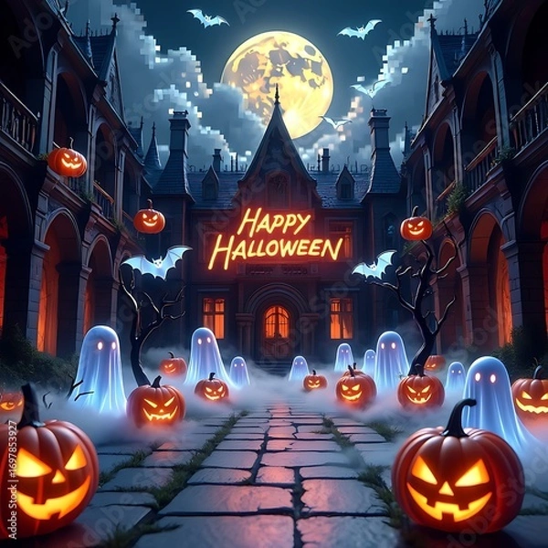 Fototapeta Spooky halloween night scene with jack-o'-lanterns ghosts and haunted castle under full moon