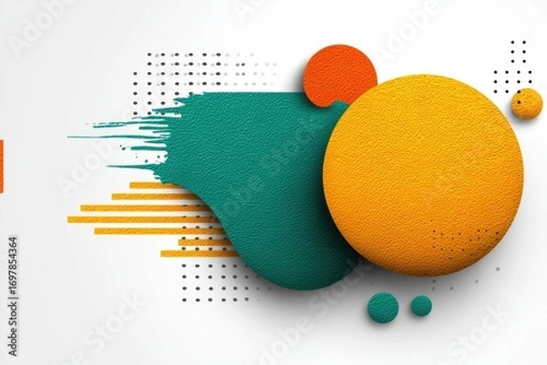Obraz Abstract design with overlapping circles and textured shapes in orange, teal, and ochre on a white background