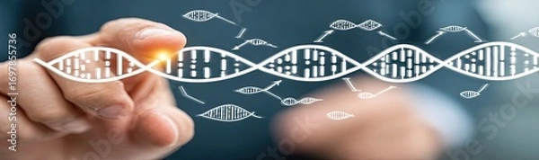 Obraz Hand pointing at a DNA double helix graphic with sperm-like elements