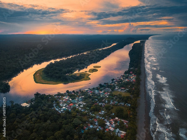 Obraz Sunset aerial view of Tortuguero, Costa Rica with river meander, jungle, ocean, and warm colors