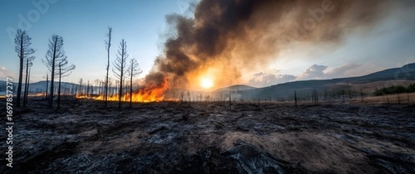 Fototapeta Forest fire raging at sunset with smoke rising