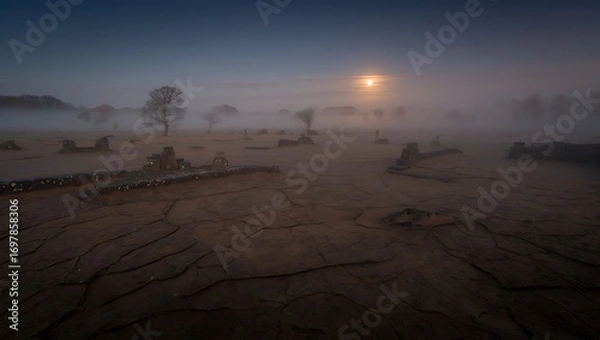 Fototapeta Serene desert landscape at dusk with muted sky and soft golden light illuminating sand dunes