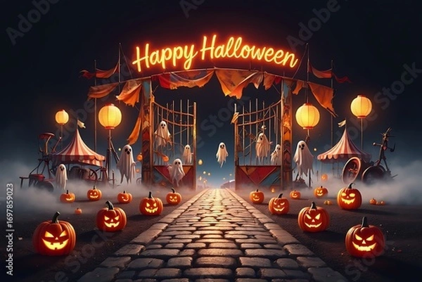 Fototapeta Enchanting halloween scene with glowing pumpkins and spooky decorations on a cobblestone path