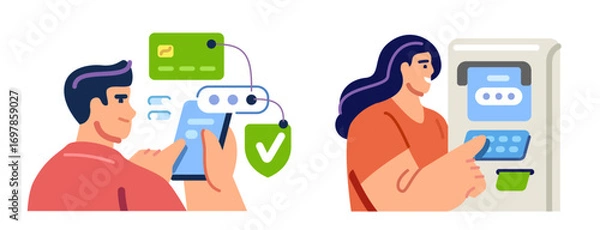 Fototapeta Virtual digital bank, e-wallet, internet banking app. Online payment security transaction via credit card
