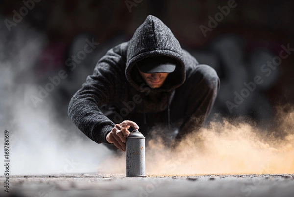 Fototapeta A hooded figure crouches, holding a spray can. Dark, moody atmosphere. Represents urban art, creativity, or rebellion. Ideal for conveying a sense of mystery.
