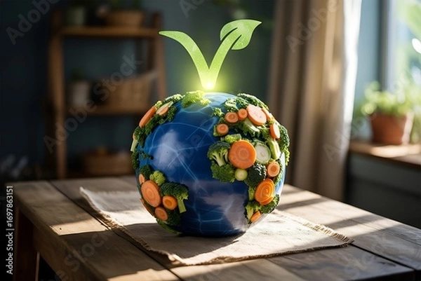 Fototapeta Vibrant Earth globe adorned with fresh vegetables symbolizes healthy eating and global sustainability in a bright, natural setting