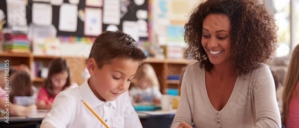 Fototapeta The Teacher Helping a Young Student with Writing in a Busy Classroom