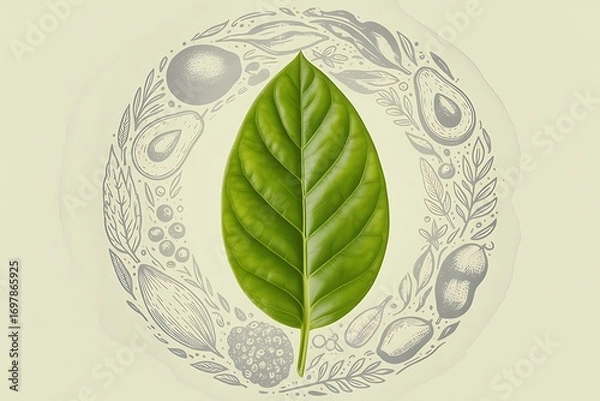 Fototapeta Vibrant green leaf centerpiece surrounded by hand-drawn botanical elements and fresh fruits, symbolizing nature's bounty and healthy living